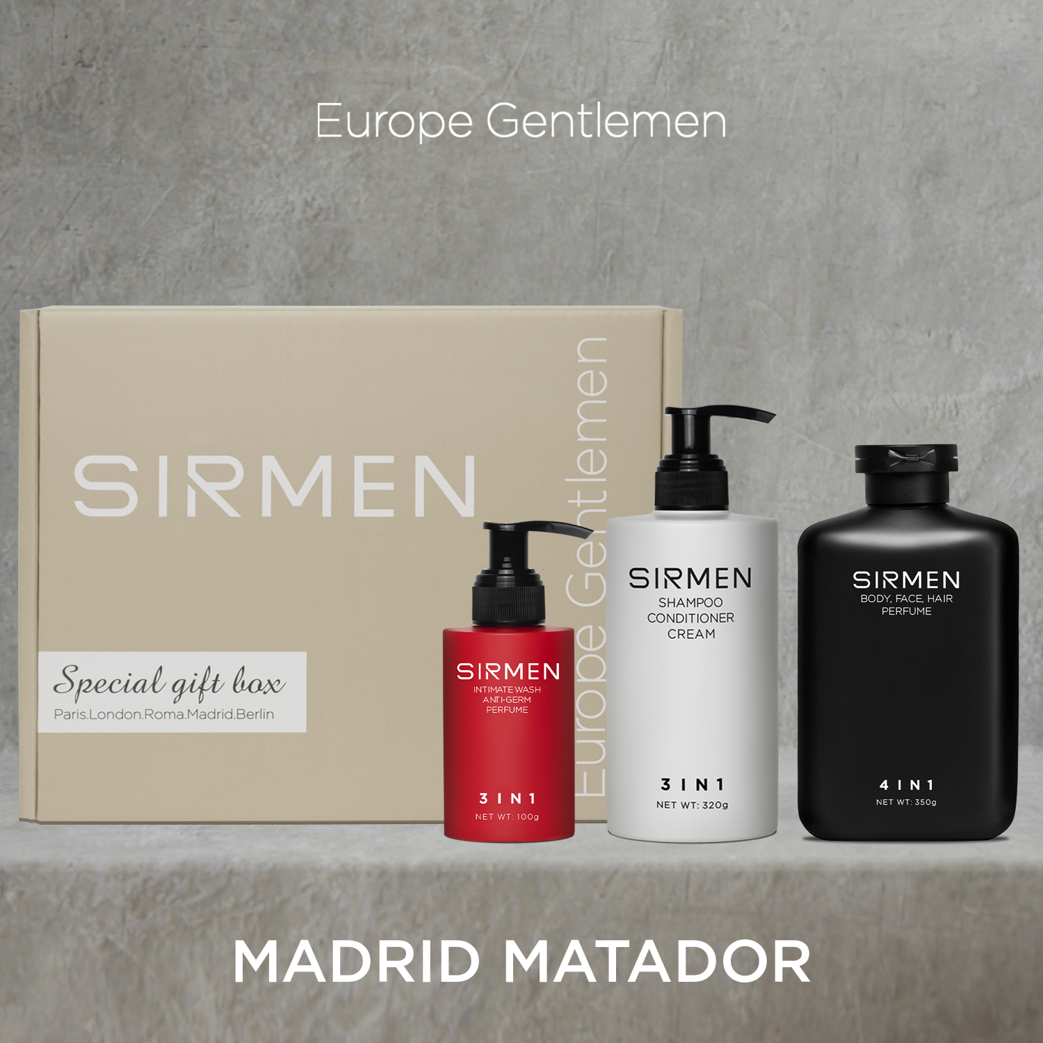 GIFTBOX combo 3 - Madrid Matador Sữa tắm gội nam 4 in 1 - Dầu gội xả dưỡng nam và Dung dịch vệ sinh 3 trong 1 SIRMEN