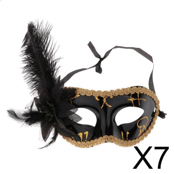7xFeather Flower Mask Masquerade Ball Party Eye Mask Venetian Eye Mask Black
