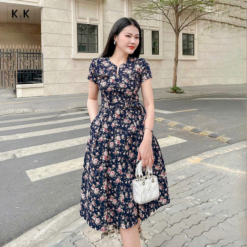 Đầm Xòe Họa Tiết Hoa Cổ Xẻ V K&amp;K Fashion KK130-37 Chất Liệu Kaki Thun
