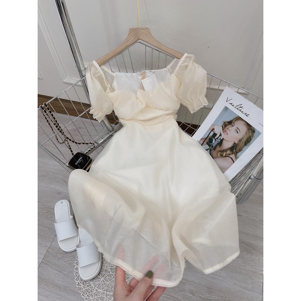 Váy babydoll tiểu thư voan tơ cổ vuông nơ lung, đầm trễ vai công chúa phong cách ulzzang hàn quốc