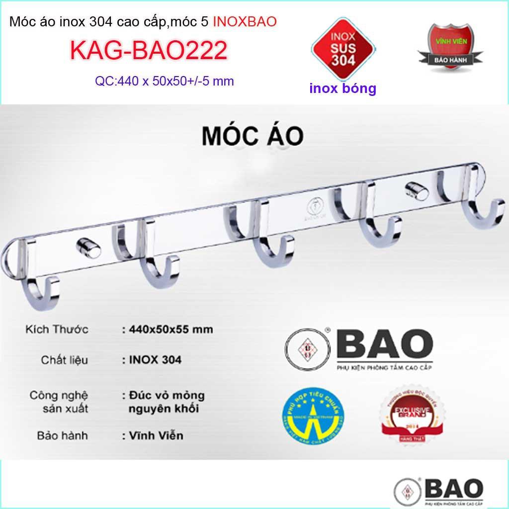 Móc 5 Inox Bảo KAG-BAO222, móc áo phòng tắm SUS304 hộp đúc vuông sang trọng thiết kế tin tế đến từng chi tiết