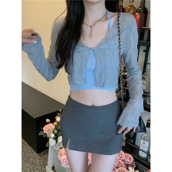 Sét áo kiểu croptop hình trám mix áo 2 dây nâu Quảng Châu