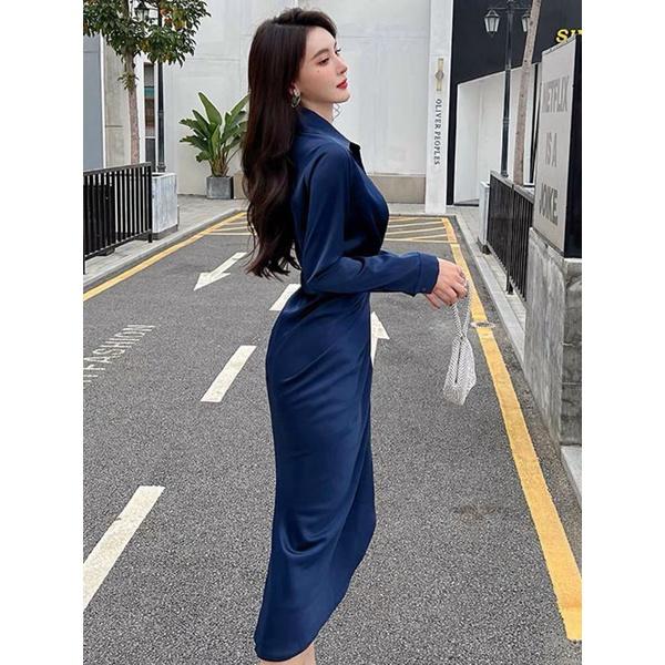 ĐẦM XANH SƠ MI LỤA NHÚN EO