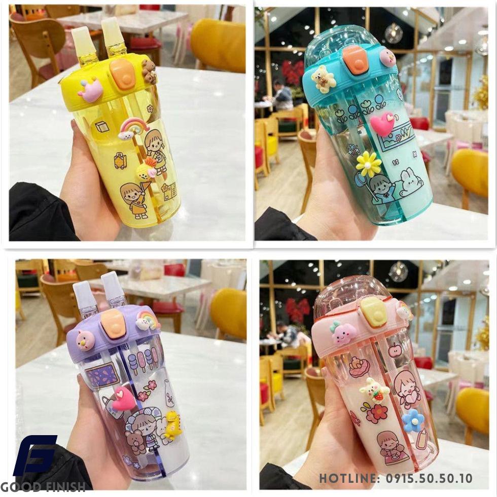 Bình nước 2 ngăn dễ thương cho bé yêu tặng kèm sticker 2d, 3d và co rửa ống hút FG Good Finish .Có dây đeo đồng màu đẹp mắt.