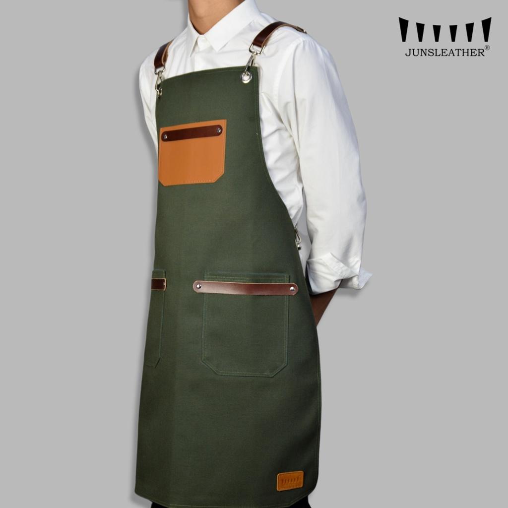 Tạp dề pha chế vải canvas dây da của Junsleather phối da bò cao cấp dành cho Barista/Bartender