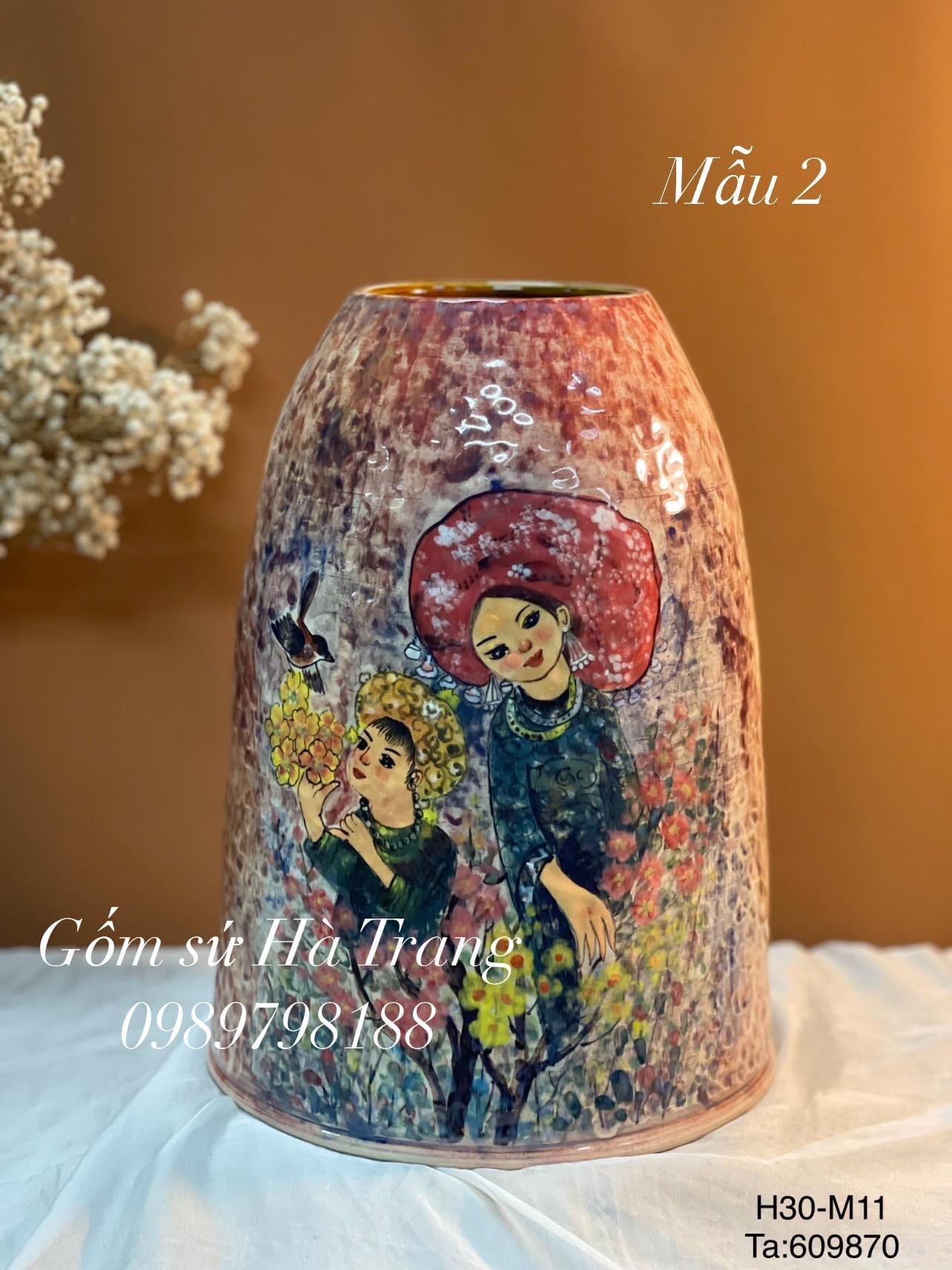 Lọ hoa gốm sứ Bát Tràng cao cấp vẽ tay cô gái vùng cao cao 30cm đk miệng 11cm