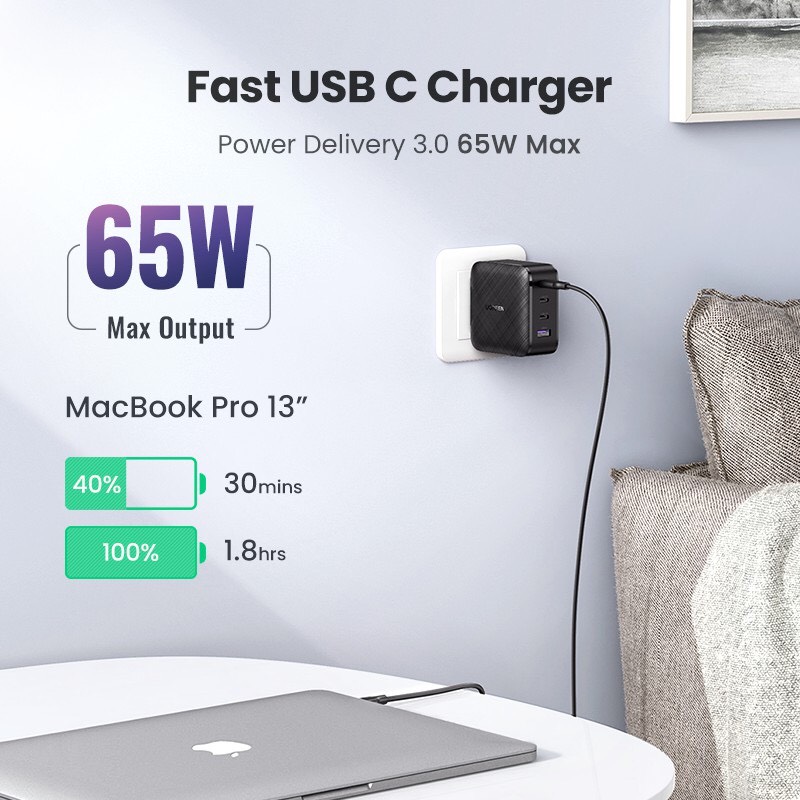 Sạc nhanh điện thoại 3 cổng USB-C và 1 USB hỗ trợ GaN 65W màu đen Ugreen (70774) hàng chính hãng