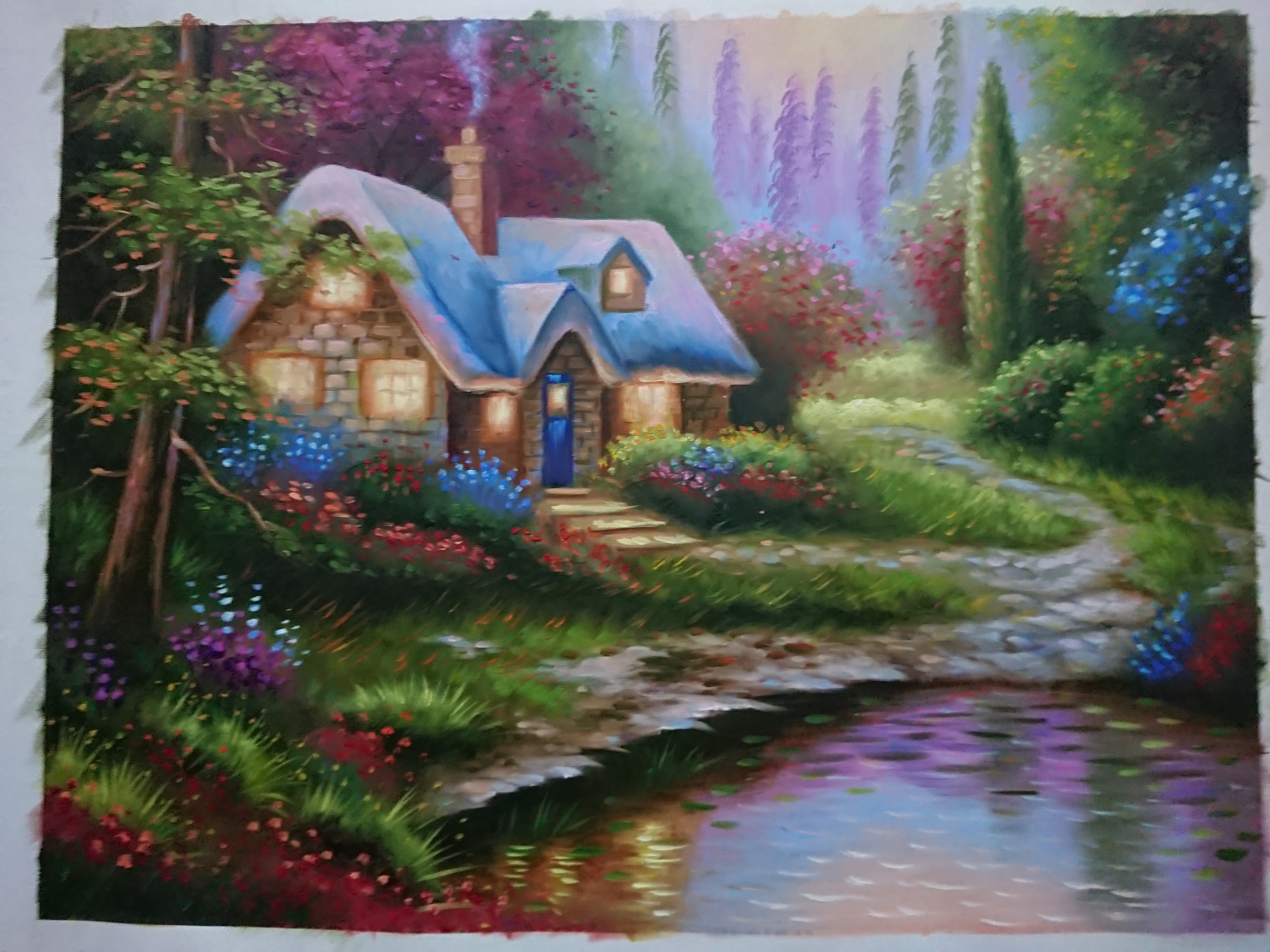 Ngôi Làng Bên Hồ - Tranh Sơn Dầu Vẽ Tay - 45x60cm