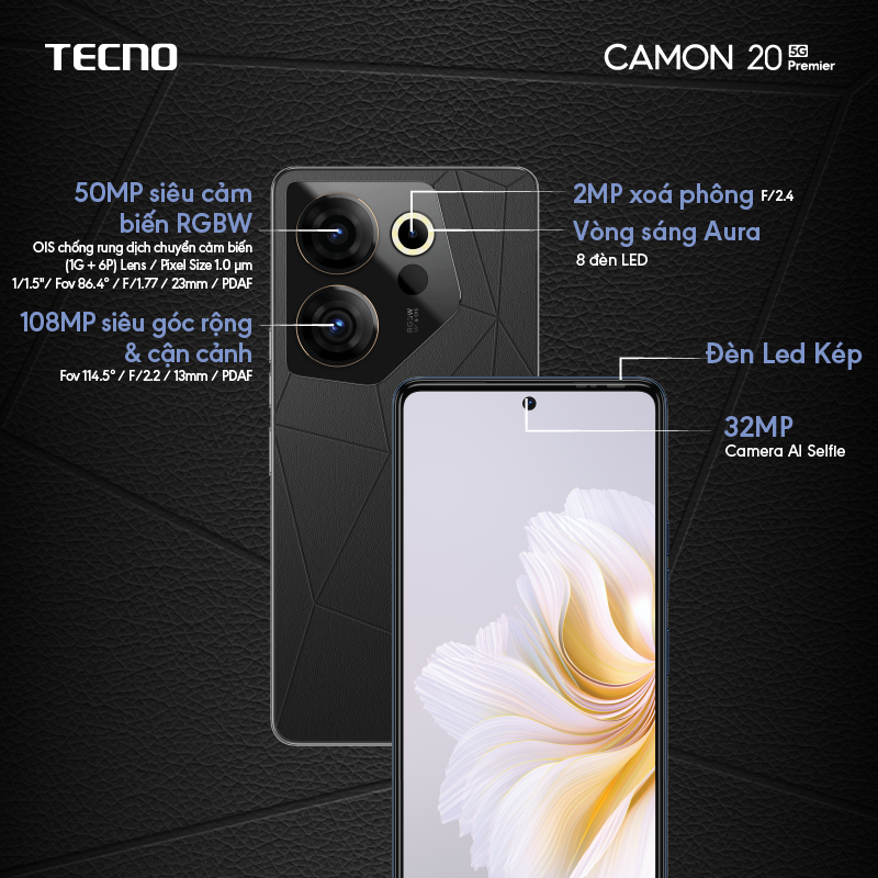 Điện thoại Tecno CAMON 20 Premier 5G - 8GB/512GB | Dimensity 8050| Cụm Camera 108+50+ 2MP | AMOLED - Tần số quét 120Hz - Hàng chính hãng