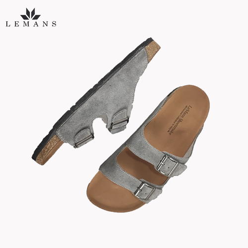 Dép Da Nubuck xám Đế Trấu Quai Ngang LEMANS May Sandals - Grey. Đế 2.5cm Quai điều chỉnh Da bò cao cấp. Bảo hành 6 tháng