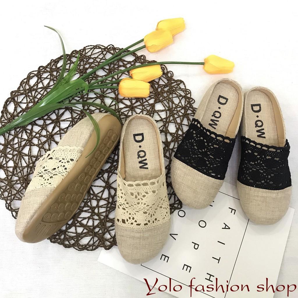 GL8 Giày lười slip on nữ phối ren vintage thời trang kèm hình thật