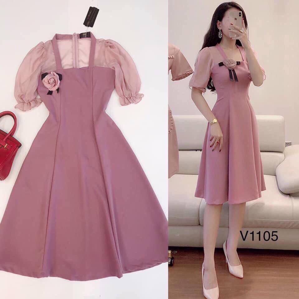 Đầm xòe tay voan kết bông ngực xinh lung linh