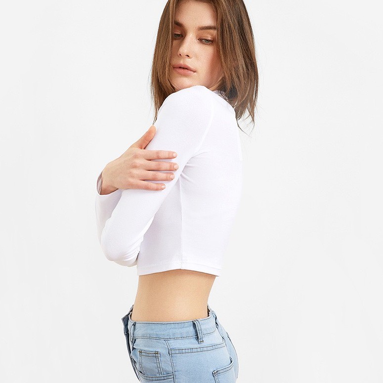 Áo thun cổ tròn tay dài dáng croptop hiện đại