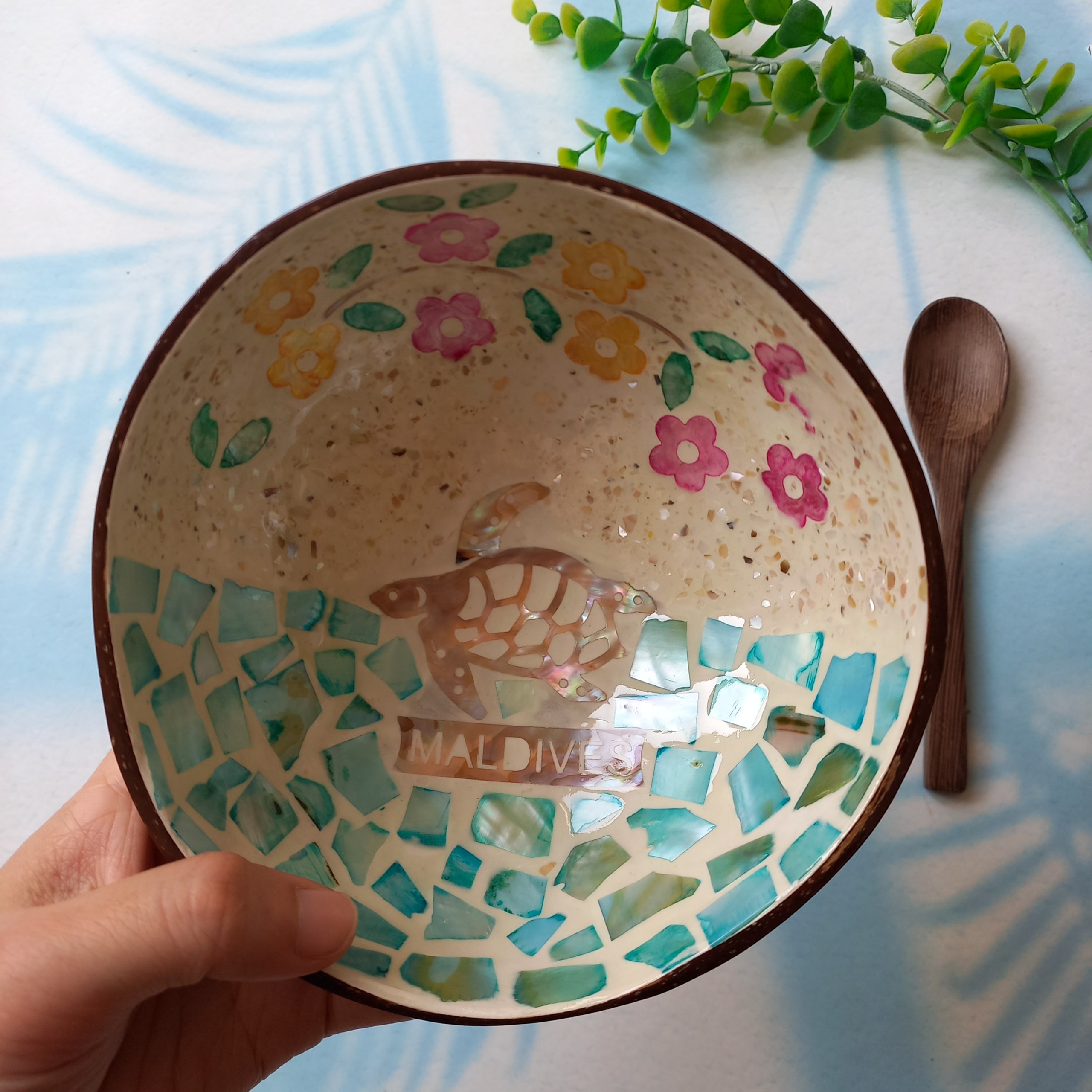 Bát Gáo Dừa Tự Nhiên Khảm Trai Rùa Hoa Tinh Xảo, Bát Ăn Salad, Sữa Chua, Smoothie, Decor của Vitrapro