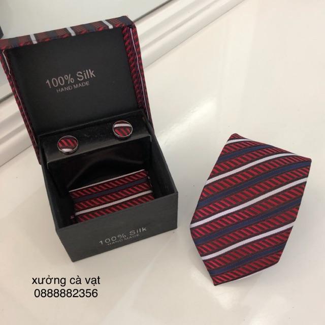 Bộ cà vạt nam sọc xanh đỏ trắng, có hộp, thích hợp làm quà tặng cao cấp
