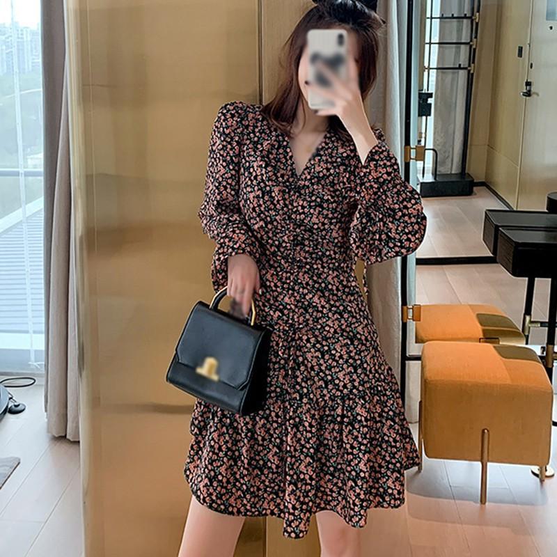 Đầm Nữ Tay Dài Cổ Chữ V In Hoa Thời Trang Quyến Rũ