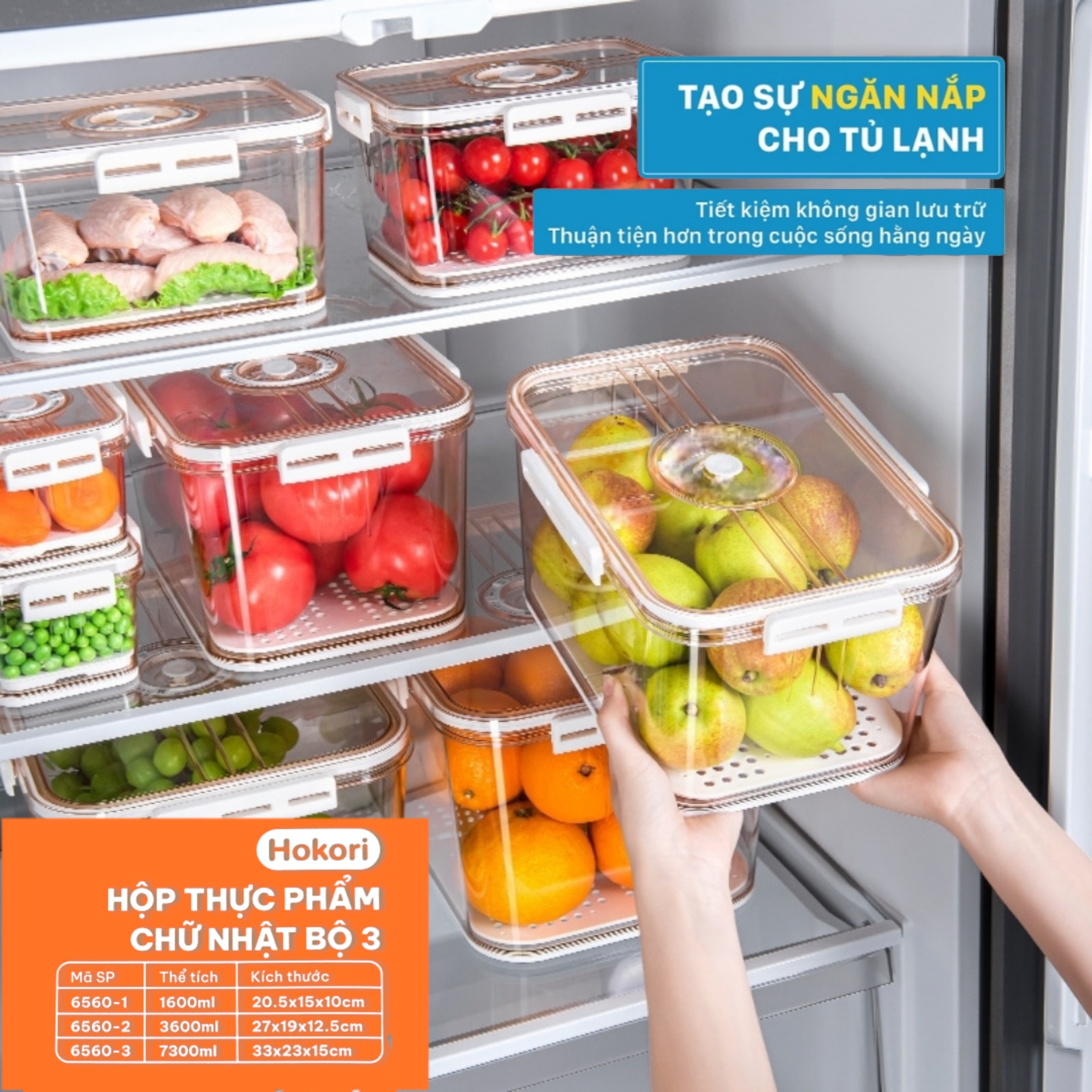 Hộp Nhựa Đựng Thực Phẩm, Hộp Bảo Quản Thực Phẩm Tủ Lạnh HoKoRi Trong Suốt Có Khay Lót Đáy Giúp Ráo Nước, Có Nút Thông Hơi Tăng Thời Gian Bảo Quản Tiện Lợi