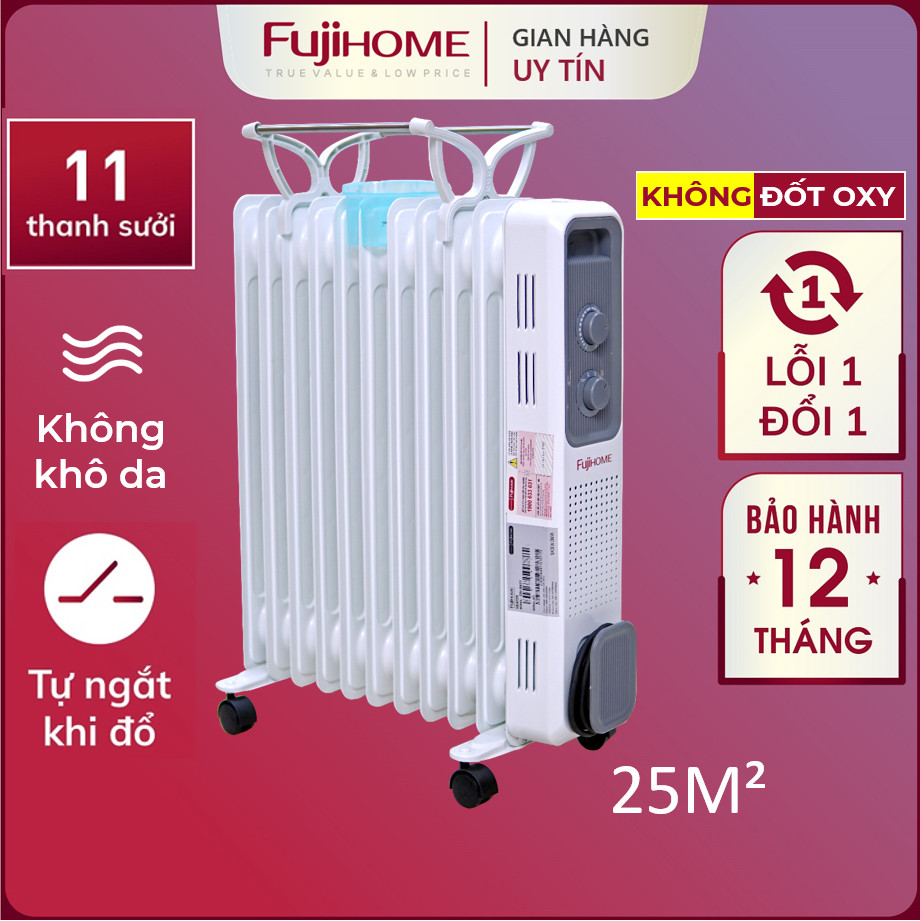 Máy sưởi dầu Nhật Bản Nhập Khẩu không khô da Fujihome 11 thanh, máy lò sưởi ấm điện phòng không đốt oxy tự ngắt không gốm mini heaters - Hàng Chính Hãng