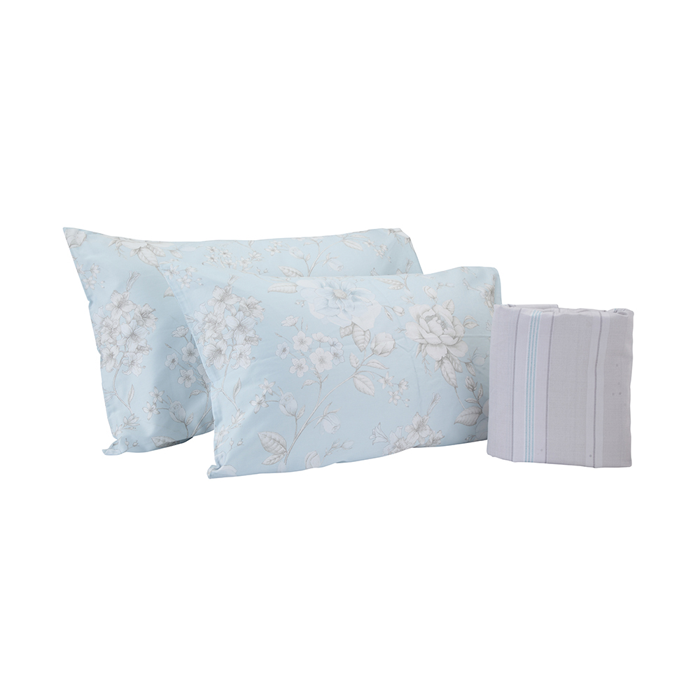 Bộ ga gối 3 món cho giường 1m6 FLOWER vải cotton mềm mịn, màu xanh nhạt kết hợp họa tiết hoa sang trọng | Index Living Mall - Phân phối độc quyền tại Việt Nam