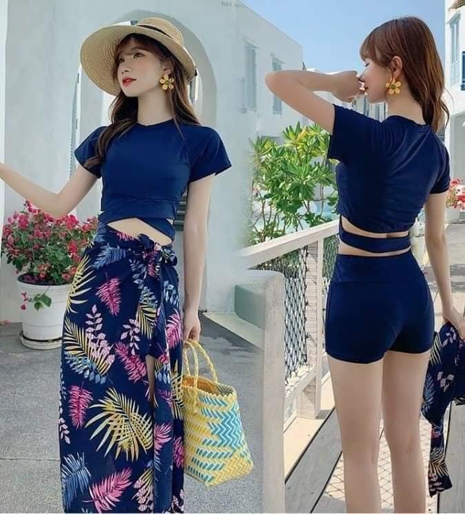 Bộ bikini 3 món hàng cao cấp xoắn eo có khăn voan sang chảnh