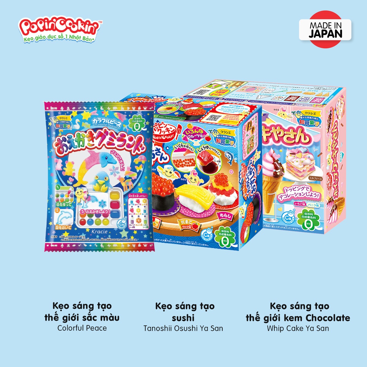 Combo 3 hộp kẹo sáng tạo popin cookin: kem socola + sushi + thế giới sắc màu