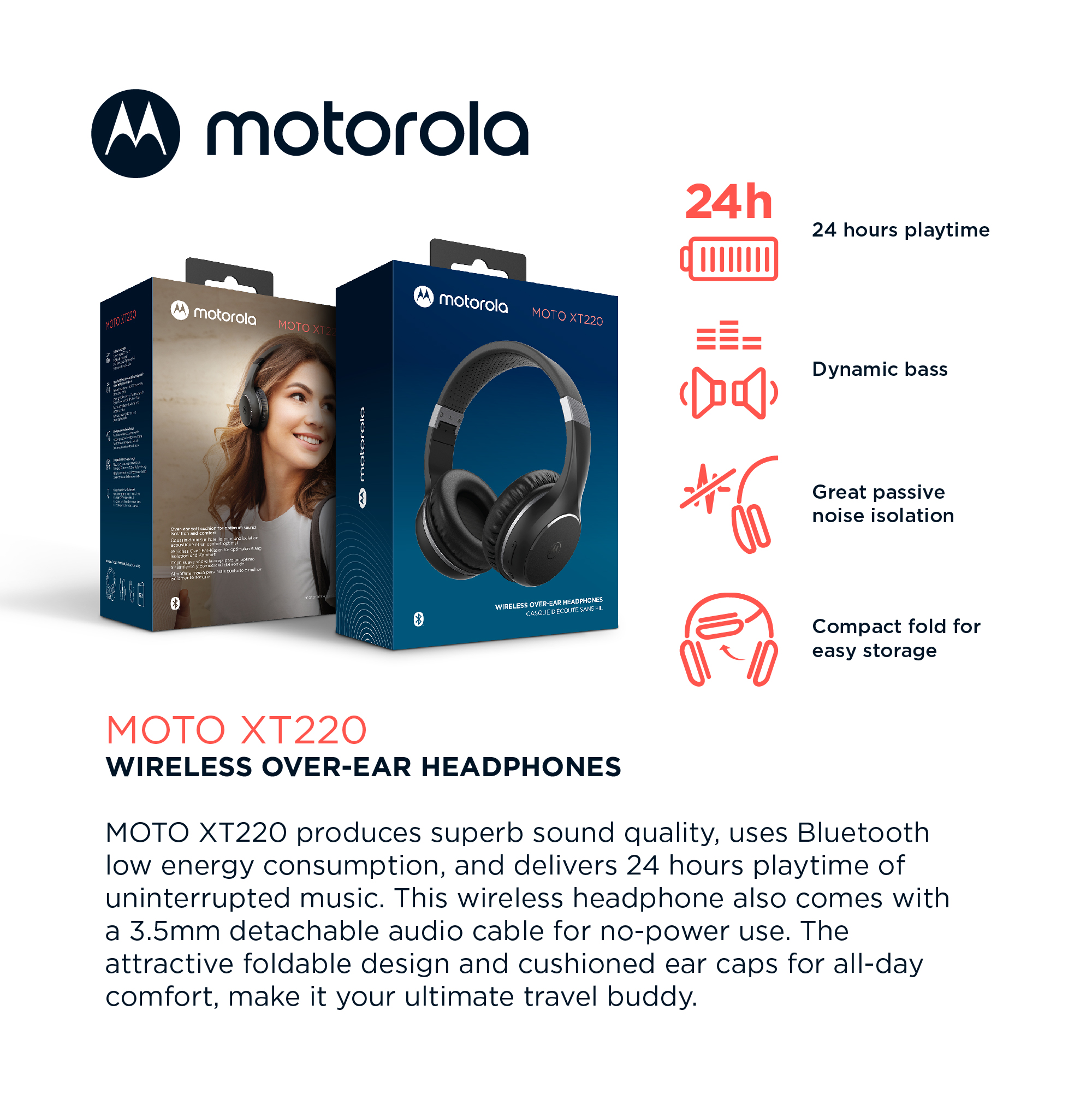 Tai nghe bluetooth chụp tai Motorola MotoXT220 - Hàng chính hãng