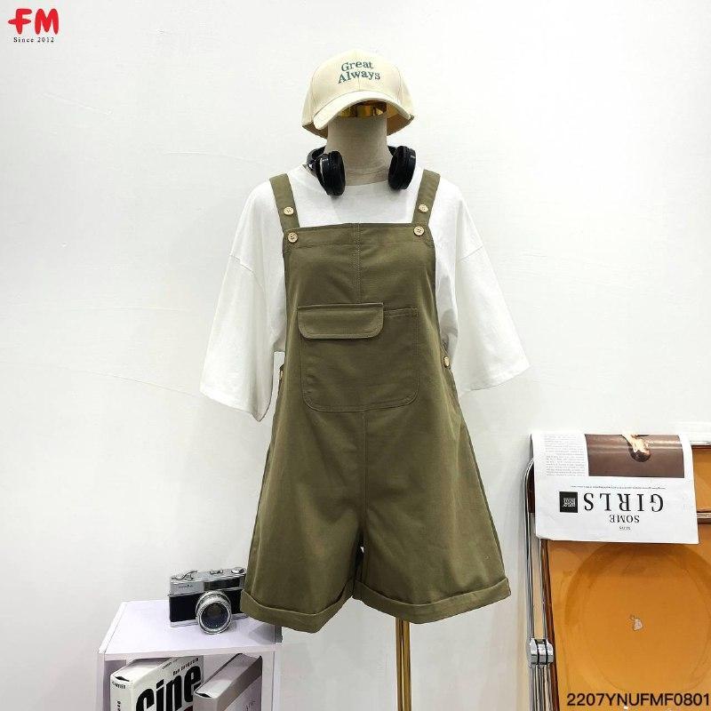 Yếm quần nữ FM Style ống rộng thiết kế túi nắp lệch đính nút thời trang phong cách Hàn Quốc 22110776