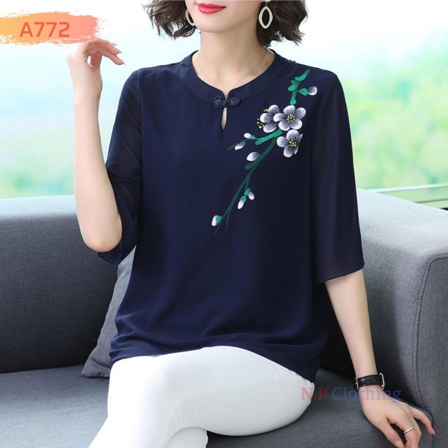 Áo Kiểu Trung Niên Phối Họa Tiết Hoa Sang Trọng Đi Tiệc Cho Mẹ