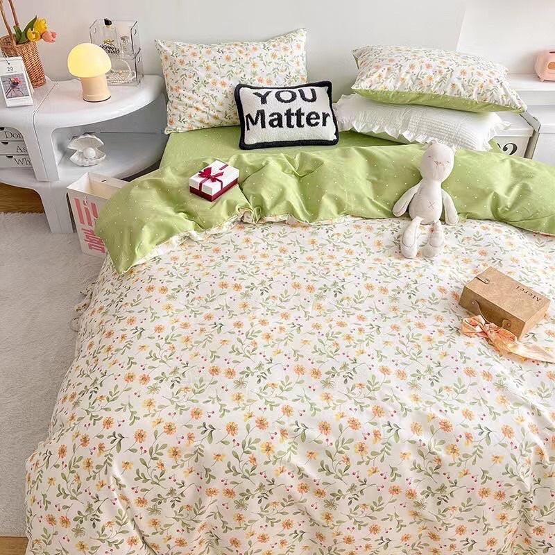 Bộ Chăn Ga Gối Côtton Living 100%cotton Hàng Nhập Khẩu Hoa Nhí Vàng