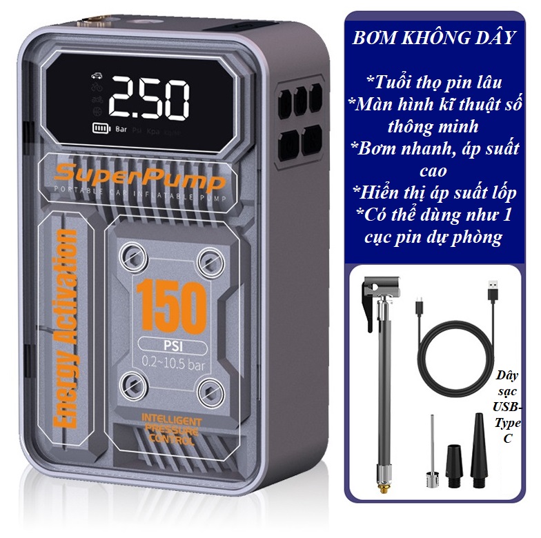 Bơm lốp điện tử đa năng bơm Ô tô Xe máy Xe đạp Bóng không dây tiện dụng