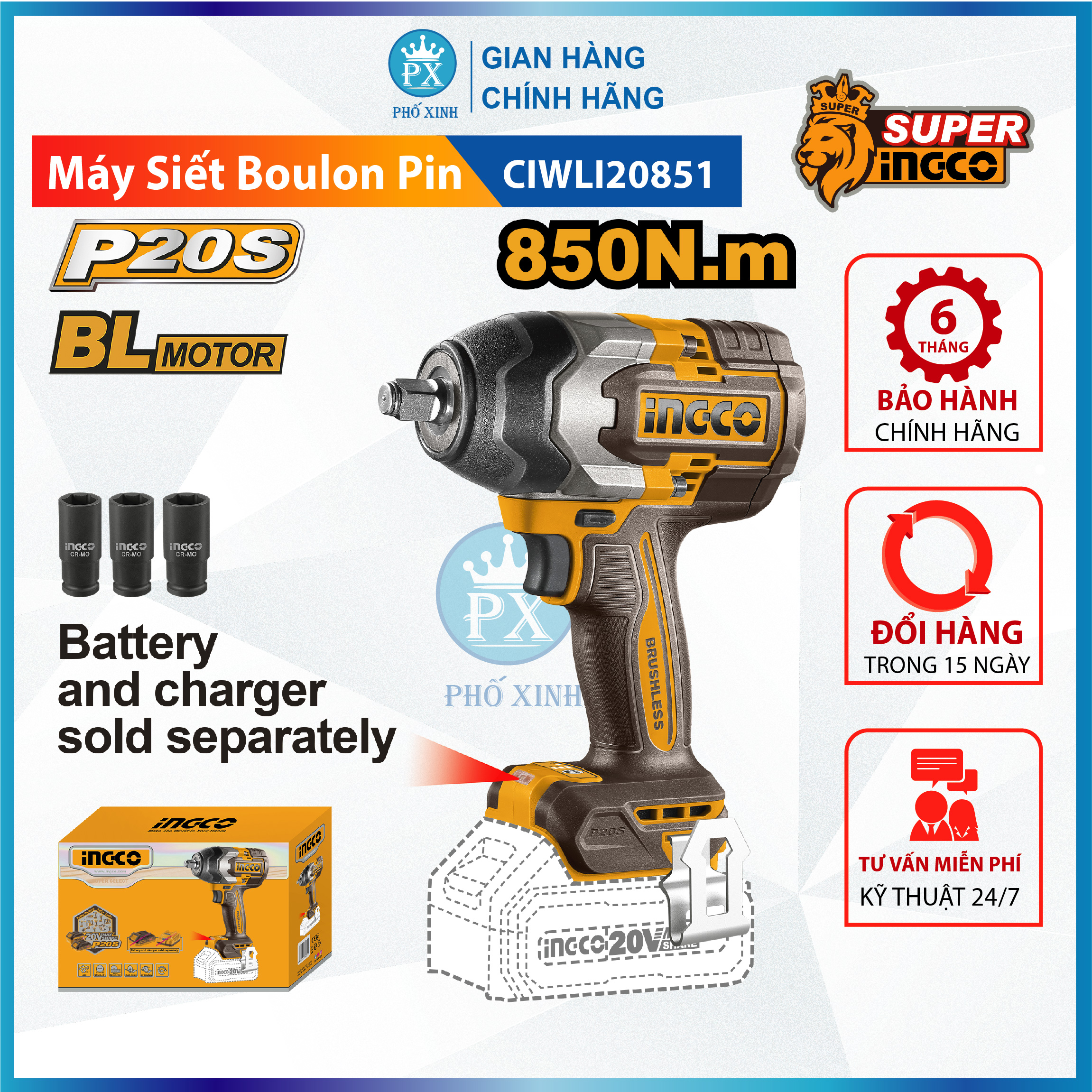 Máy siết bulong INGCO 850NM xe ô tô xe máy xe tải tháo mở ốc bulong pin KHÔNG CHỔI THAN CIWLI2085 kèm 1 sạc 2 pin 4ah