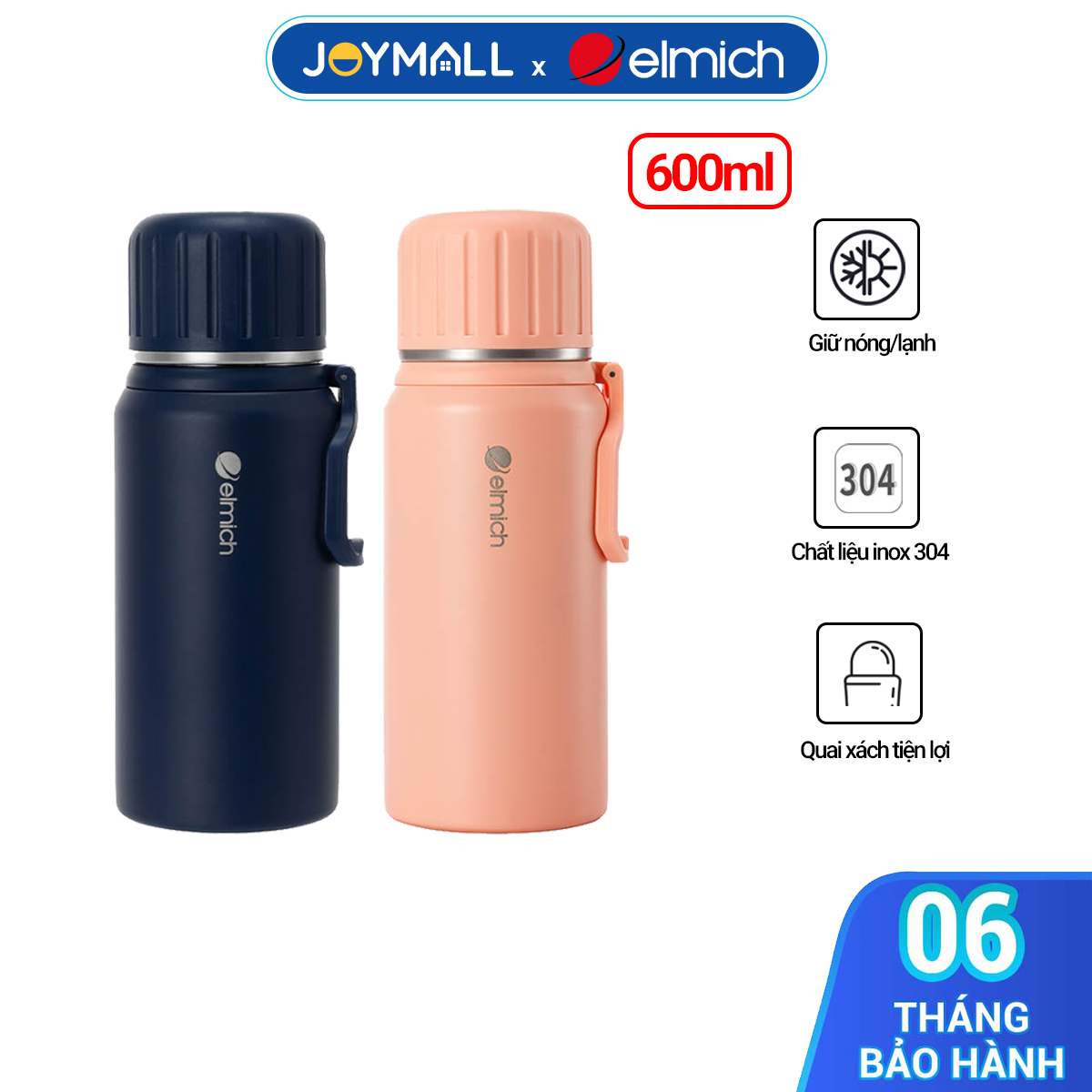 Bình Giữ Nhiệt Inox 304 Elmich EL8346 600ml, Hàng Chính Hãng, Có Quai Xách, Đóng Mở Một Chạm-JoyMall