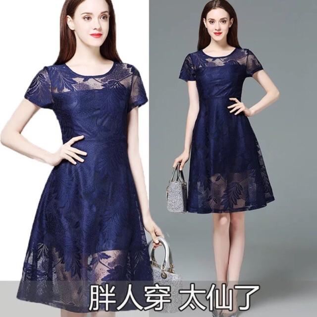 Đầm xoè ren họa tiết chiếc lá