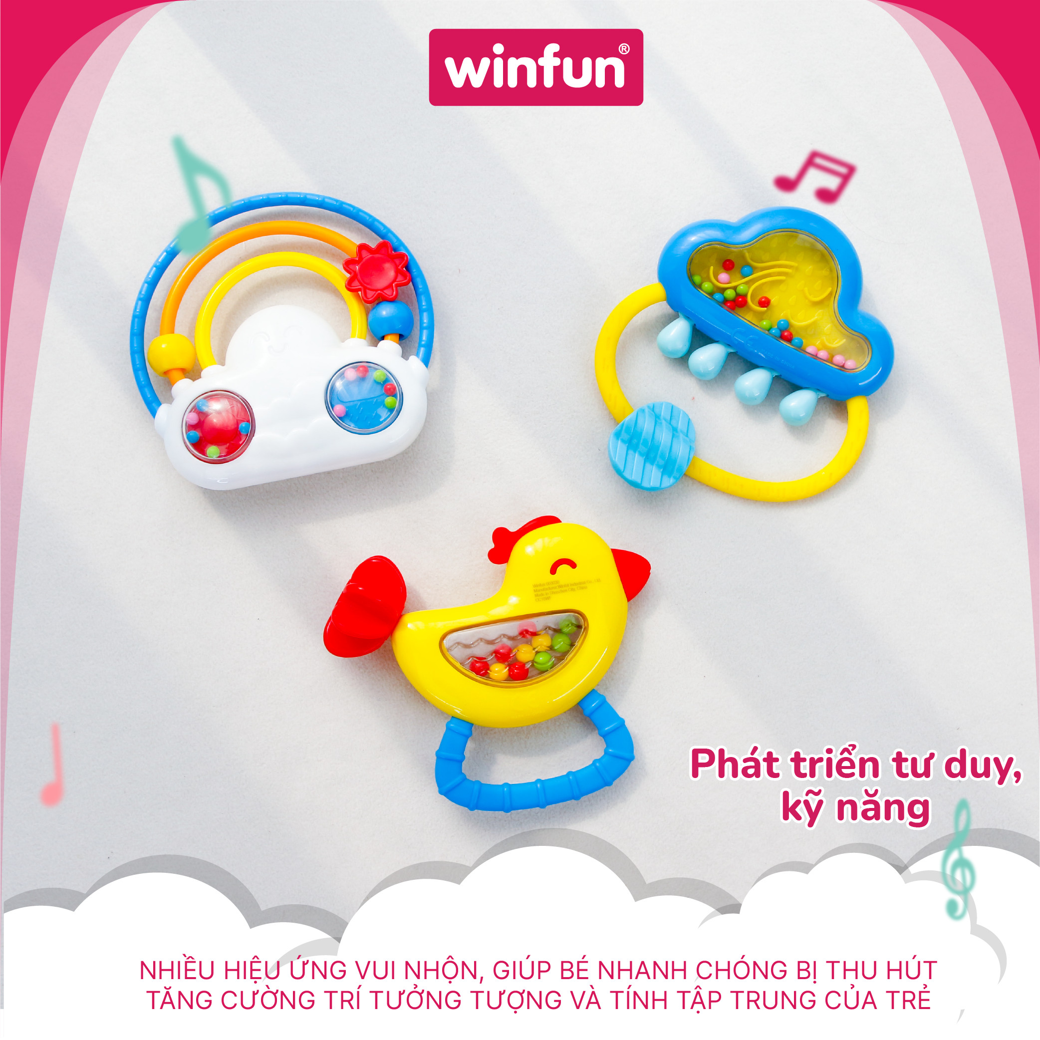 Set 3 đồ chơi xúc xắc cầm tay, gặm nướu chủ đề cầu vồng và mưa Winfun 3030-NL