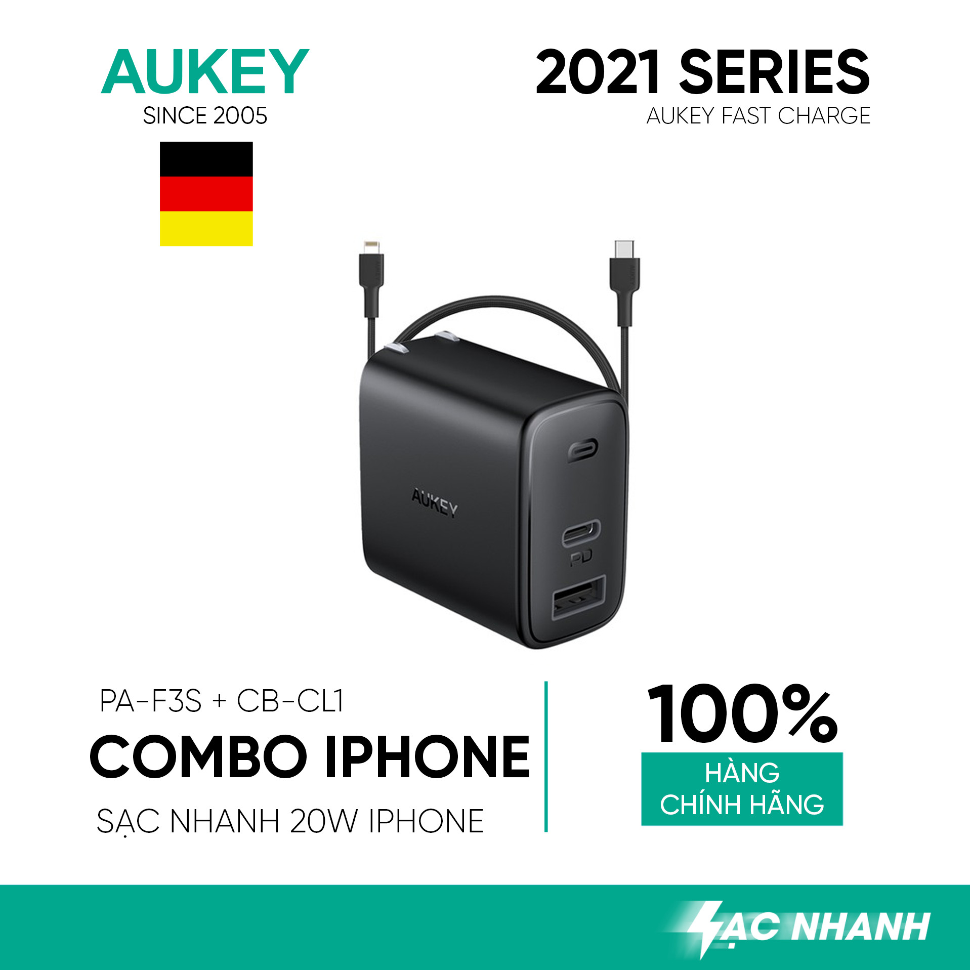 Combo AUKEY Cốc Sạc 2 Cổng PA-F3S Sạc Nhanh Type C PD 20W, USB-A 12W + Cáp C To Lighning MFi CB-CL1 - Hàng Chính Hãng