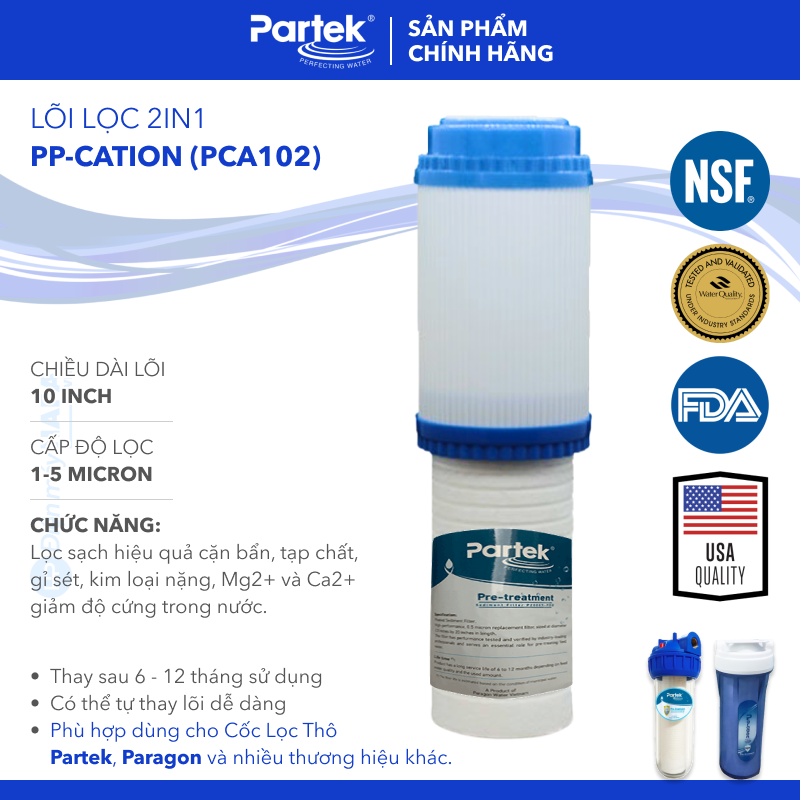 [SIÊU TỐC 2H] Lõi Lọc Nước PARTEK PARAGON PP-CATION 2in1 PCA102 Lõi 10 inch 2-Trong-1 Lọc Cặn Bẩn Và Làm Mềm Nước - Hàng Chính Hãng