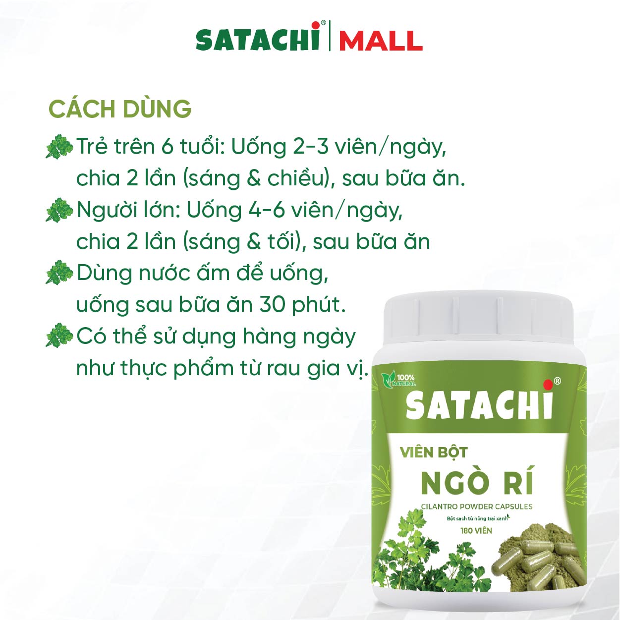 Viên Bột Ngò Rí Nguyên Chất SATACHI – 100% Từ Ngò Rí – Dạng Viên Tiện Lợi – Hộp 180 viên