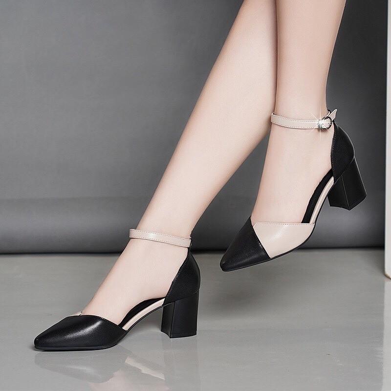 Giày cao gót vuông 7p kem mềm phối màu cực xinh__ LZ043