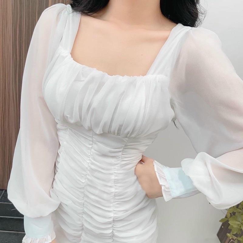 ĐẦM TRẮNG TAY DÀI NHÚN CỔ CHỮ U