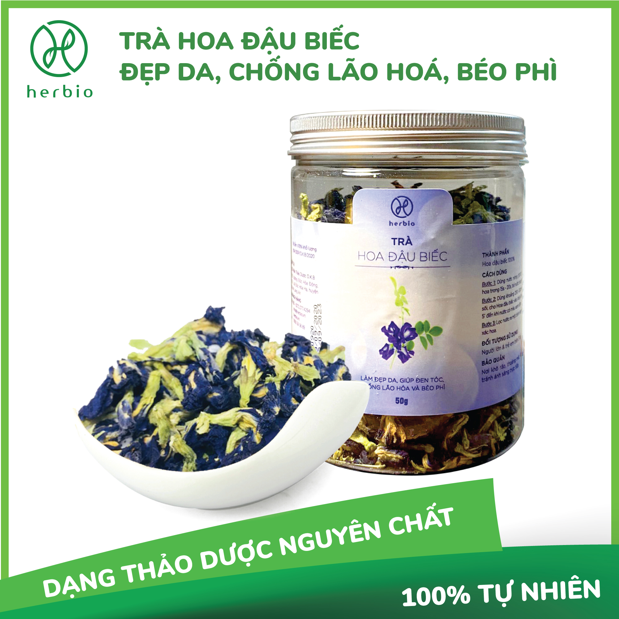 Trà hoa Đậu Biếc Herbio - Làm đẹp da  giúp đen tóc  chống lão hóa và béo phì - hộp 50g