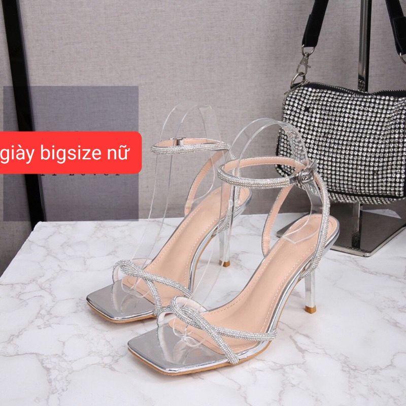 Giày sandal cao gót big size nữ 40 41 42 43 xăng đan cao gót ngoại cỡ size to đính đá màu bạc thời trang 7 phân