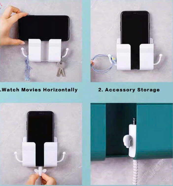 Giá Đỡ Dán Tường Có Khe Để Sạc Điện Thoại Và Tai Móc Treo Chìa Khóa, Remote Tiện Lợi
