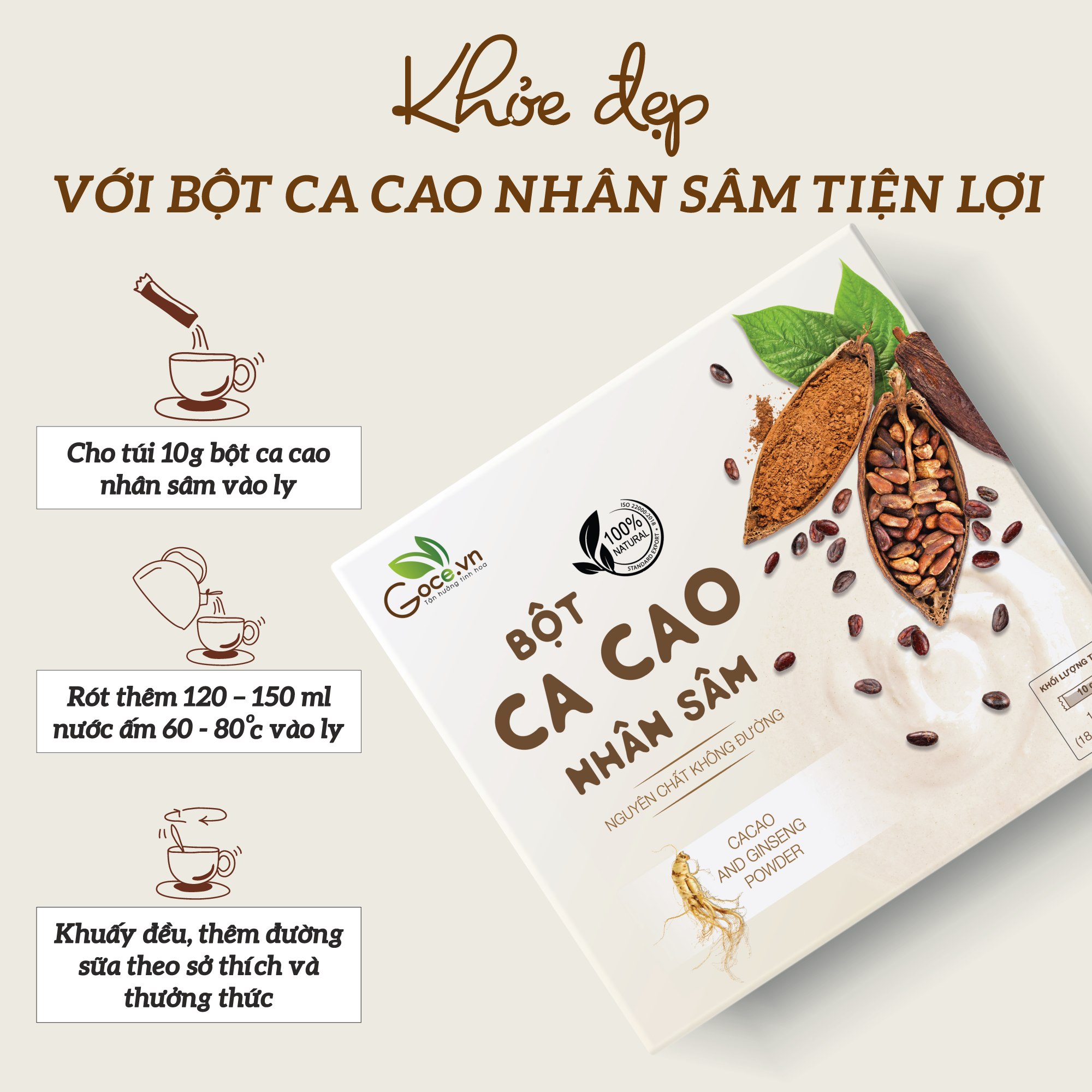 Bột ca cao nhân sâm Goce - 180g (18 gói x 10g)