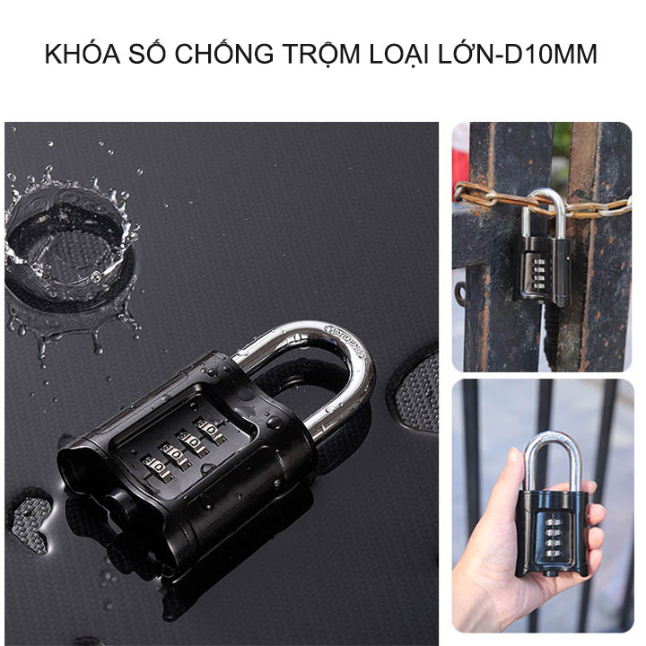 Khóa số chống trộm loại lớn với móc khóa thép cứng D10mm, vỏ hợp kim kẽm mạ không gỉ