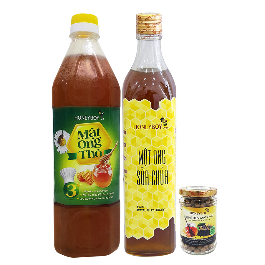 Combo Mật Ong Thô Honeyboy (1L) + Mật Ong Sữa Chúa Honeyboy (500ml) - Tặng Nghệ Đen Mật Ong Honeyboy (80g)