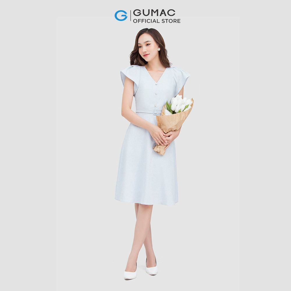 Đầm dáng xòe GUMAC DC05082 cổ V phụ kiện
