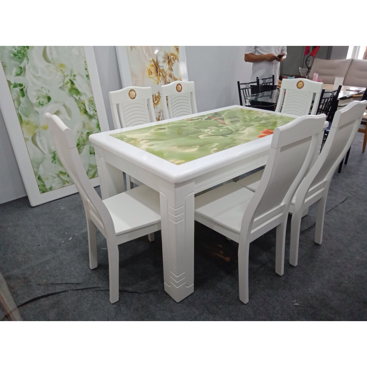 Bộ bàn ăn mặt đá 3D nhập khẩu cao cấp 1M4(6 ghế)