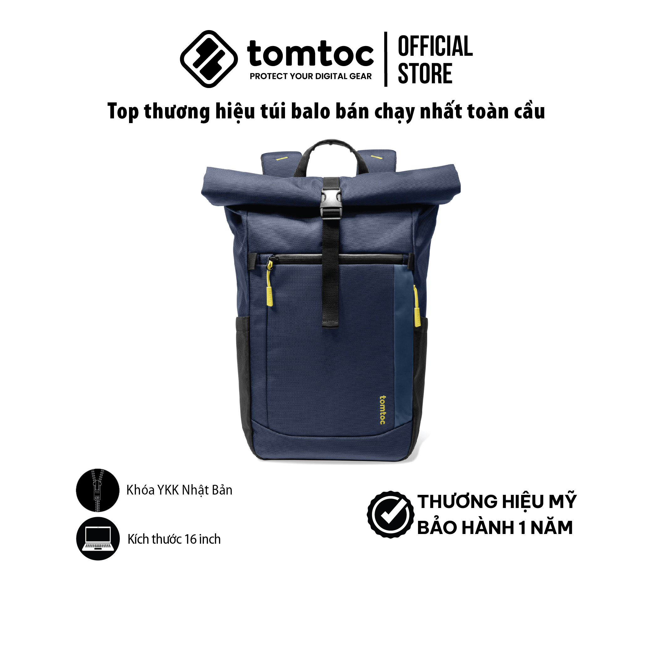 Balo Tomtoc (USA) Rolltop Laptop Backpack - Balo di chuyển, du lịch, thường ngày cho MacBook 13-16 inch và laptop 15.6 inch - Dung tích 17L-23L T61, hàng chính hãng