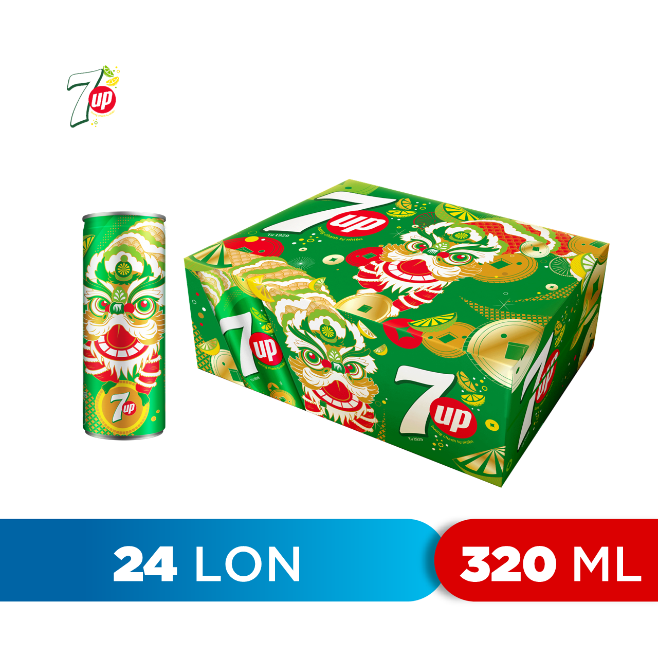 Thùng 24 Lon Nước Ngọt Có Gaz 7Up lon xanh (320ml/lon)