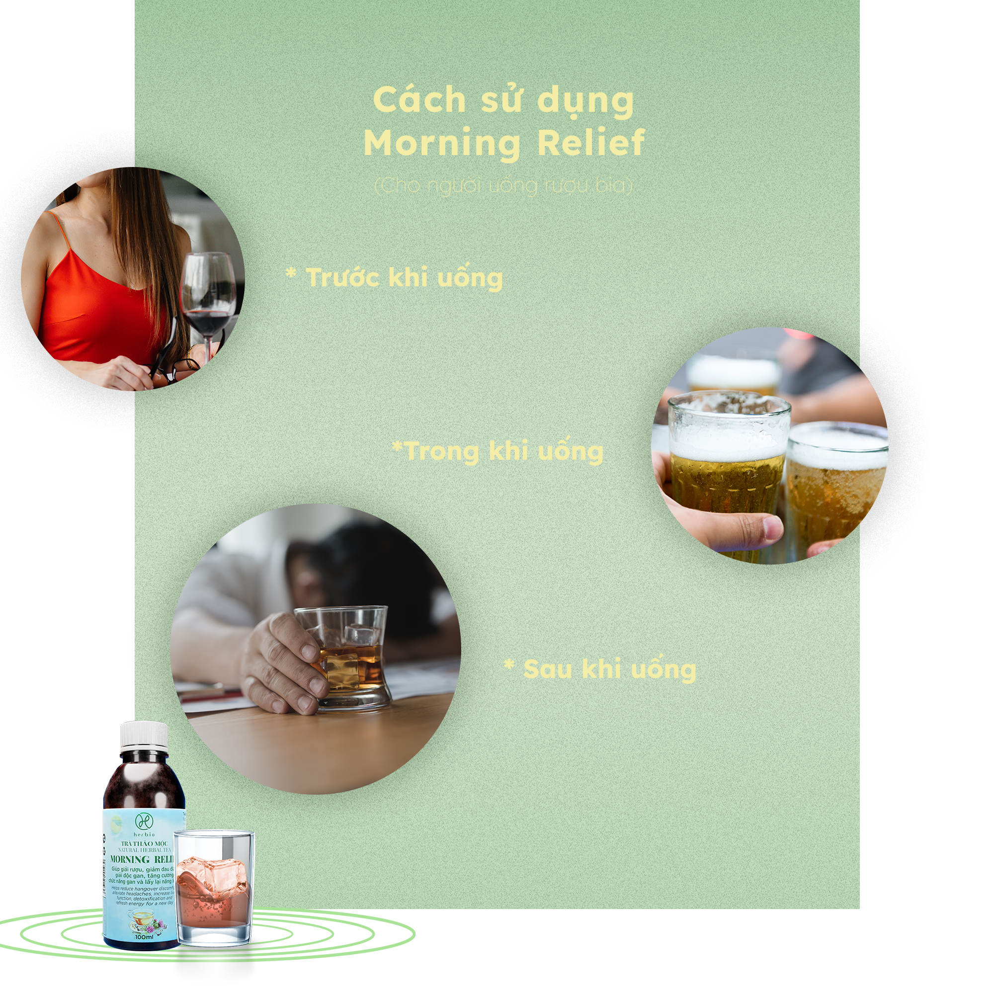 TRÀ THẢO MỘC GIẢI RƯỢU BỔ GAN HERBIO MORNING RELIEF - xóa tan cảm giác mệt mỏi, đau đầu sau khi dùng rượu bia, giảm tác hại của rượu bia lên gan, lấy lại năng lượng cho cơ thể - CHAI 100ML